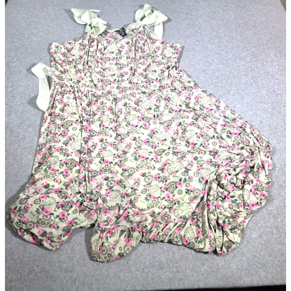 Hot Topic Steampunk Floral Clock Gear Print Dress Womens Sz 4 Bubble Hem Bow Tie